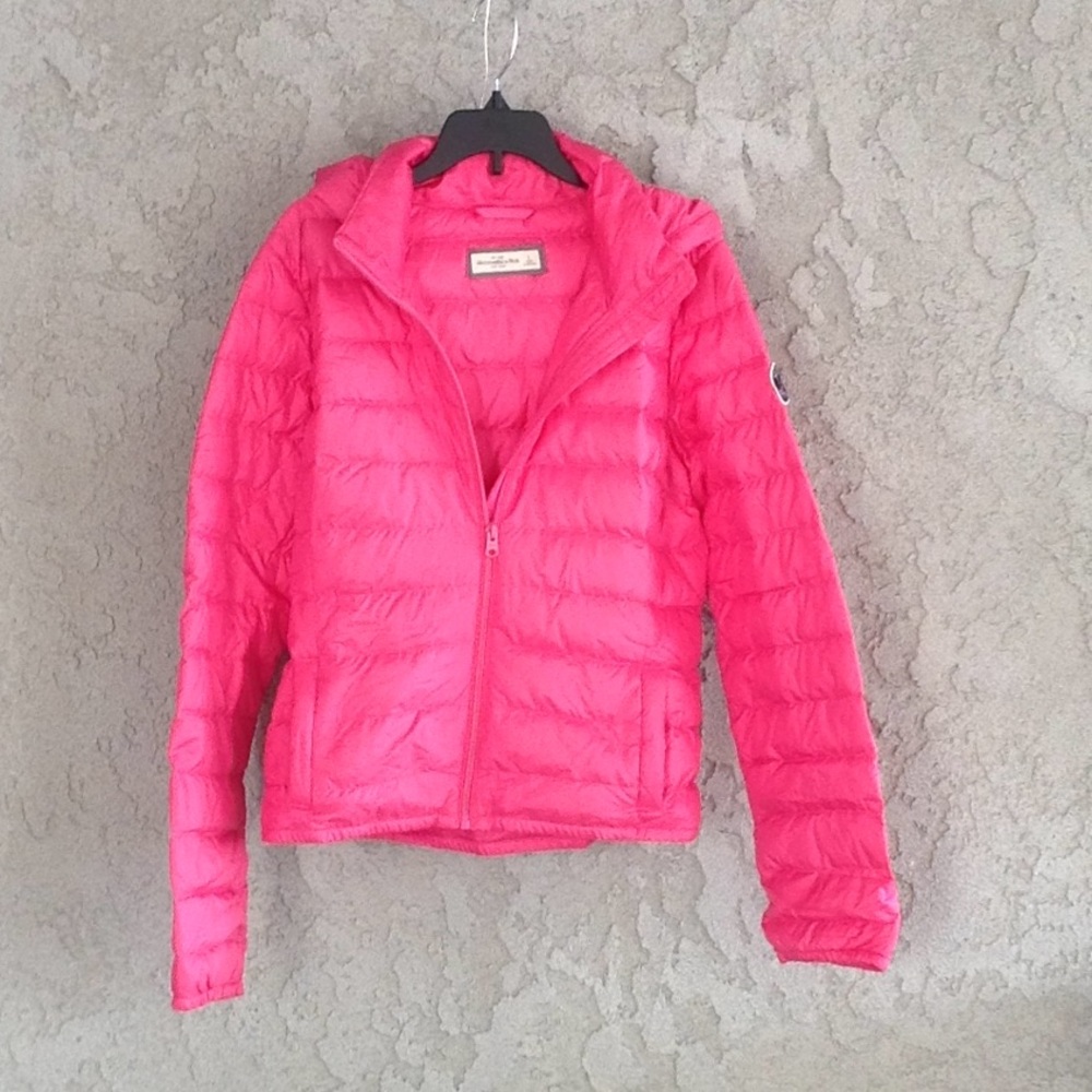 A pink puffy jacket from Abercrombie and Fitch